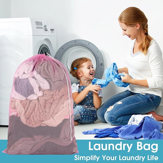 2 Pack Mesh Laundry Bags, 23 x 34 Inches Heavy Duty Mesh Laundry Bag, Large Laundry Drawstring Bag for College, Dorm, Travel, Family and Apartment Dwellers, Pink