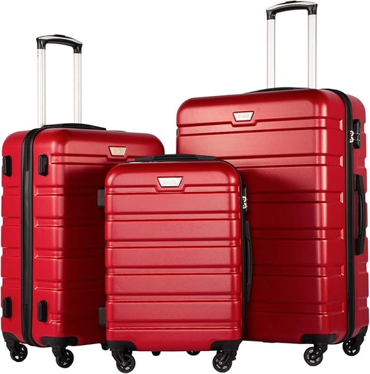 Coolife Luggage 3 Piece Set, Lightweight Durable Hardshell Suitcase set with 360° Spinner Wheels, TSA-approved Lock, Checked Family Travel Luggage sets, 20/24/28 Inch, Red