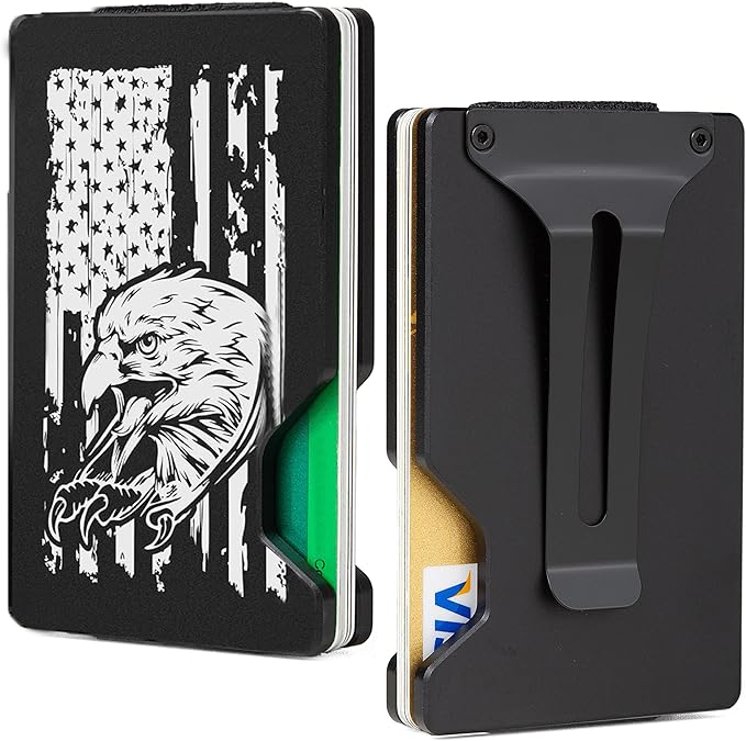 Carbon Fiber Minimalist Wallet for Men Credit Card Holder Money Clip & Cash Strap Slim RFID Mens Wallets(Patriot Eagle Flag)