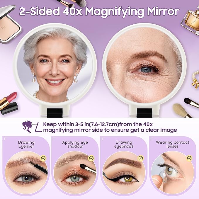 B Beauty Planet 40X Magnifying Mirror, Hand Mirror with Handle, Double Sided Hand Mirror with 40X/1X Magnification, Travel Essential Portable Foldable Makeup Mirror for Precision Makeup White