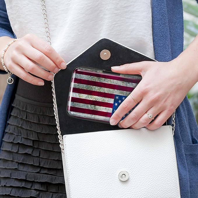 Mayski Credit Card Holder, RFID Blocking, Aluminum Alloy Hard Case, Small Mini Business Metal Wallet for Women Men, Flag