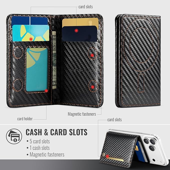 Vinich for Magsafe Wallet Magnetic RFID Blocking Card Holder Compatible with MagSafe Phones and Cases, Strong Magnet Minimalist Phone Wallet for iPhone 17/16/15/14/13/12/Pro/Max/Plus/Air, Carbon Black