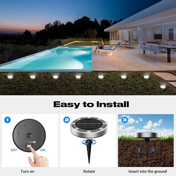 Mini Solar Ground Lights Outdoor, 4 Pack Flat Solar Powered Disc Lights, IP68 Waterproof, Anti-Rust, Landscape Lighting for Pathway Garden Yard Lawn Walkway Landscape Driveway, Cool White