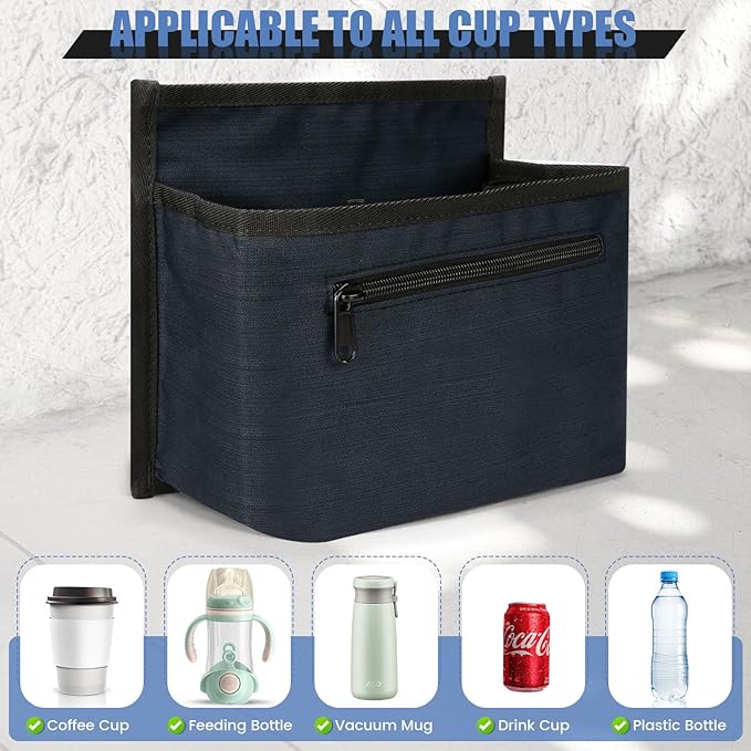 ZHCHG Luggage Travel Cup Holder Attachment for Suitcase Drink Carrier Caddy, Coffee Mug and Tumblers, Traveler Carry on Hands Free Accessory- Gifts for Flight Attendants Travelers Accessories- Navy