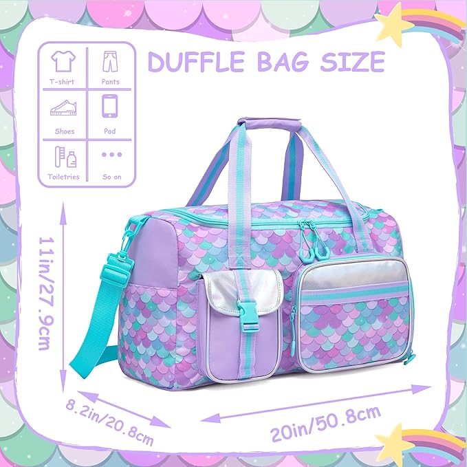 Mermaid Kids Duffle Bag Girls Gym Bag for Girls Kids Travel Dance Bags for Girl Overnight Weekender Bags for Kid with Shoe Compartment