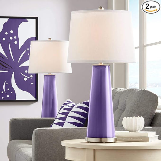 Color + Plus Leo 29 1/2" Tall Modern End Table Lamps Set of 2 Izmir Purple Finish Glass Fabric White Shade Living Room Bedroom Bedside Nightstand House Office Family Reading Kitchen Entryway
