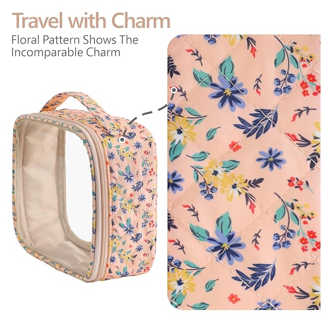 PACKISM Stylish TSA Approved Toiletry Bag Set, Floral, Clear Makeup Bag with Handle, 1 TSA Medium & 1 Large for Travel, Gift for Women, Nude Pink Ditsy Floral