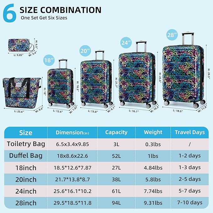 LARVENDER Luggage Sets 6 Piece, Expandable Luggage Hardside PC+ABS Leopard Suitcase Sets with Spinner Wheels TSA Lock, Lightweight Rolling Suitcase for Men and Women, Leopard Multicolor