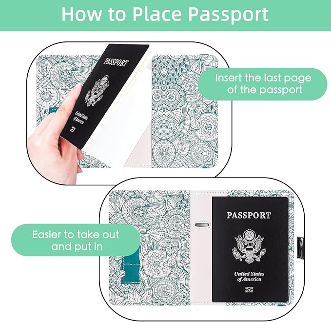 WALNEW Passport Holder for Travel, RFID Passport Cover Wallet for Women Men, PU Leather Passport Book Card Holder Case with Pen (Elastic Band Closure, D-Green Petals)