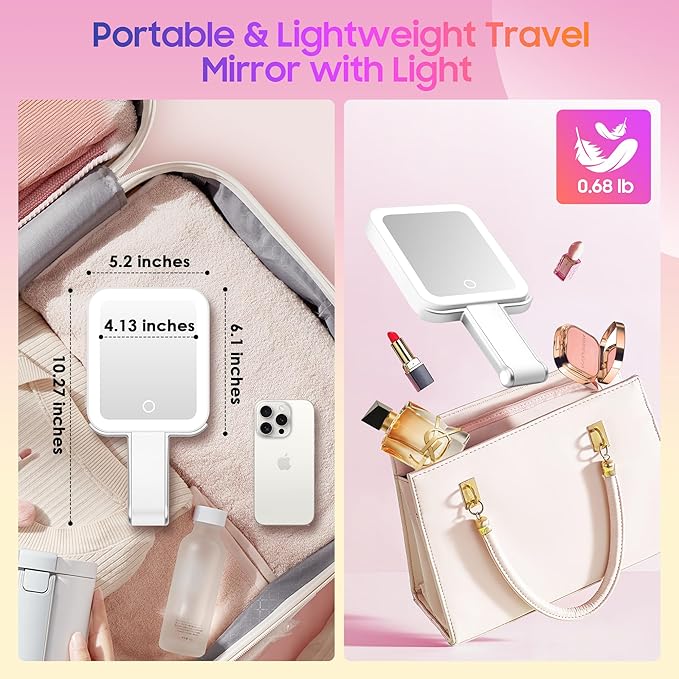 GOMIPURU Magnifying Travel Mirror with Light, 30X/1X Double-Sided Magnifying Mirror with 3 Color Lights, Brightness Adjustable, Foldable Handheld Makeup Mirrors Portable for Travel and Desktop Use
