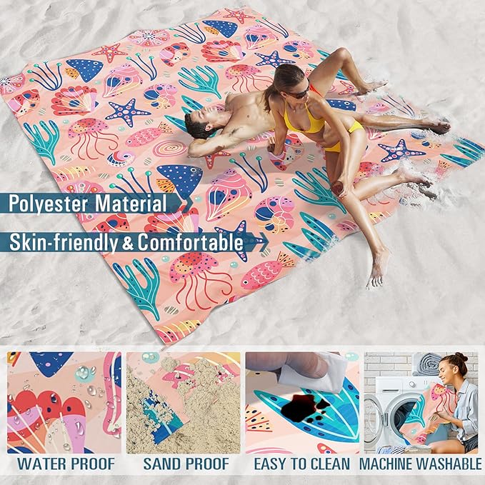Beach Blanket Sandproof Waterproof 78''×81''1-5 Adults Oversized,Compact Lightweight Durable Beach Mat for Travel Camping Hiking Picnic Blanket