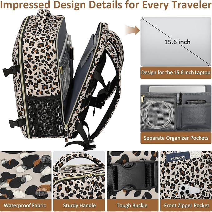 Carry on Backpack for Women TSA Approved 15.6 Inch Travel Laptop Backpack for Women Travel Essentials Foldable Womens Travel Backpack Suitcase Leopard Print