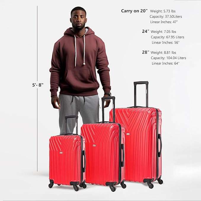 InUSA VASTY Luggage with Spinner Wheels | Durable Lightweight Hardshell SuitcaseTravel Sets with Handle and Trolley | (20in 24in 28in) 3 Piece Luggage Set | Red
