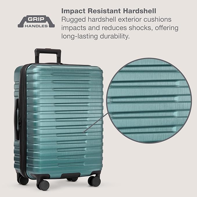 U.S. Traveler Boren Expandable Hardside Rugged Travel Luggage with 8 Spinner Wheels, Teal, Checked-Medium 26-Inch