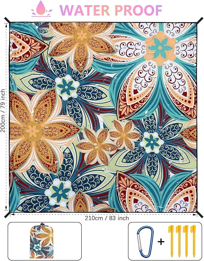 Beach Blanket Waterproof Sandproof Beach Mat for 1-8 Adults Quick Drying Durable Outdoor Picnic Mat for Beach Festival Travel Camping Hiking (Flourishing Blossom-R&GN, 79"×83"(4 Person))