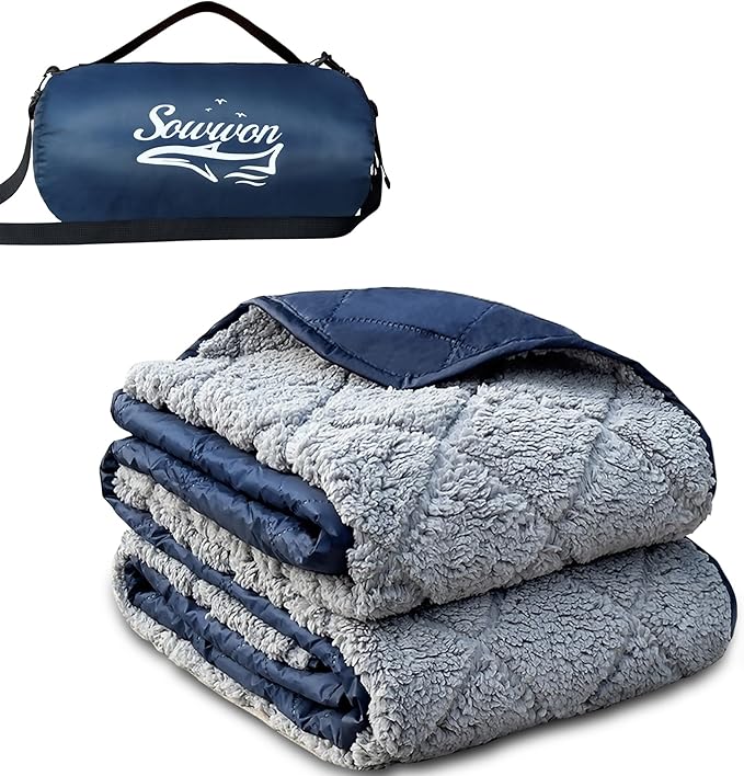 Waterproof Outdoor Blanket 62”X 51” Packable, Stadium Blankets for Camping with Sherpa Fleece Lining, Large Windproof Emergency Mat for Garss Picnic Hiking Road Trip, Machine Washable, Navy 300GSM