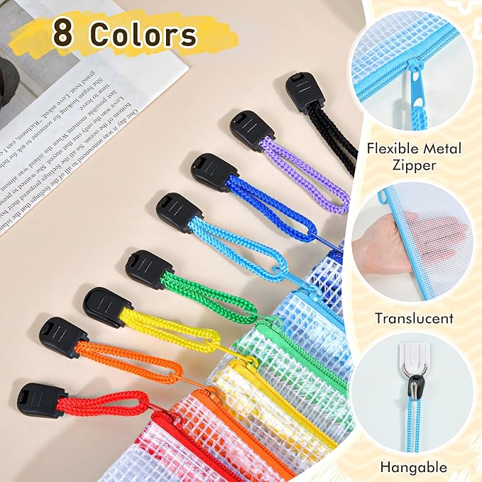 24pcs Mesh Zipper Pouch Bags, A4 Letter Size 8 Colors Plastic Zipper Bags for Organizing Storage, Clear Pouches with Zipper, Waterproof Mesh Bags for School Supplies, Home Organize, Travel Storage