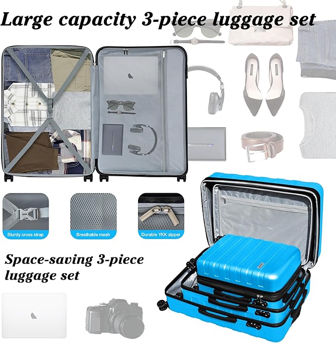 Zebra Luggage Sets 3 Piece, 20" Carry On Luggage with Spinner Wheels, Hardside Business Travel Suitcase Set with TSA Lock, Lightweight Suitcase,20/24/28 inch,Blue