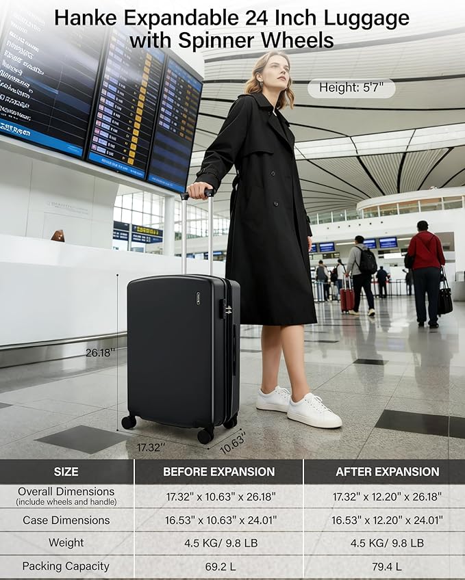 Hanke 24 Inch Expandable Hard Sided Luggage with Spinner Wheels, Checked Luggage for Travel, Hard Shell Suitcases With Wheels Durable Medium Suitcase for Woman Men with Tsa Lock(Jet Black)