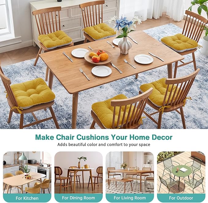 BETU Chair Cushions for Dining Chairs Set of 6,3.5" Thick Kitchen Table Chair Pads with Ties,Non Slip Backing and Covers, Seat Cushion for Dining Room,Bar,Patio Chairs,16"X16"X3.5",Yellow