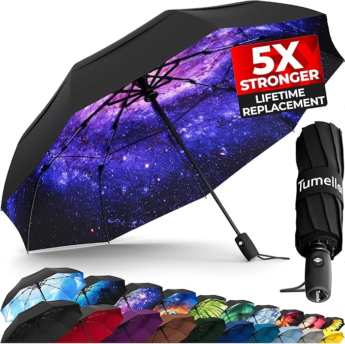 TUMELLA Strongest Windproof Travel Umbrella (Compact, Superior & Beautiful), Small, Wind-Tested, Light & Portable, Automatic Folding Rain Umbrella, Durable Premium Grip, Fits Car and Backpack