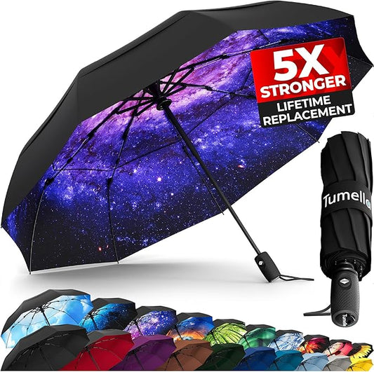 TUMELLA Strongest Windproof Travel Umbrella (Compact, Superior & Beautiful), Small, Wind-Tested, Light & Portable, Automatic Folding Rain Umbrella, Durable Premium Grip, Fits Car and Backpack