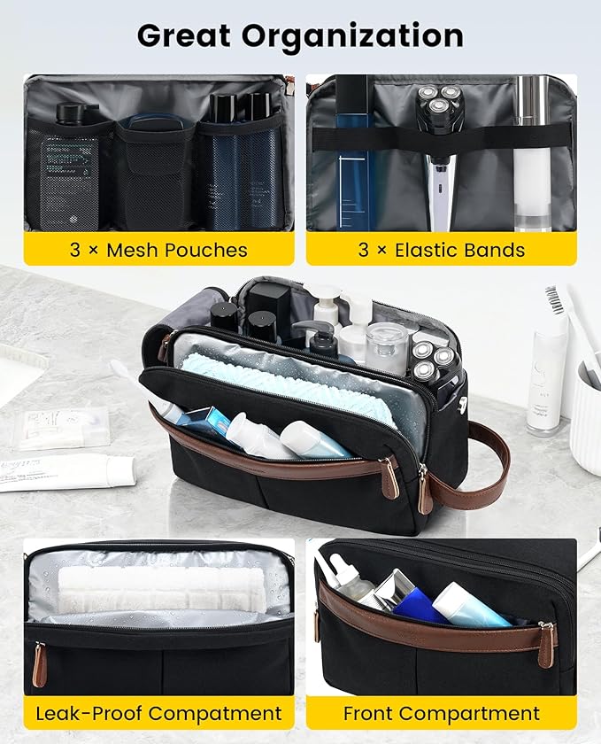 Vorspack Large Canvas Toiletry Bag for Men - Water Resistant Travel Bag for Toiletries, Bathroom Essentials, Accessories - Black