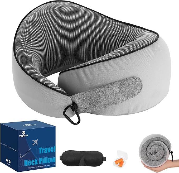 Travel Pillow - Neck Pillow Airplane Memory Foam Filling for Plane,Cars Sleeping, Road Trip, Long Flights, Portable Plane Accessories, Includes Eye Mask & Earplugs (Light Gray)