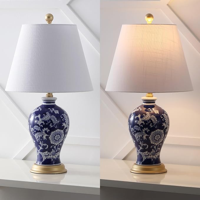 JONATHAN Y Grace 24" French Country Floral Urn Ceramic Lamp, Navy/White | Chinoiserie Ginger Jar, French Country Cottage Style, Linen Shade, Gold Metal Base, LED Bulb Included