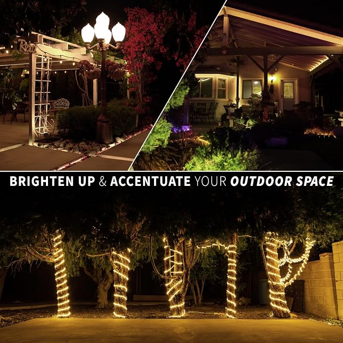 10ft LED Rope Lights, Permanent Outdoor Waterproof Connectable Flexible w/Clear PVC Tube, ETL Certified, Festive Holiday Christmas Lighting Garden Accent Lounge Terrace Decor - Warm White