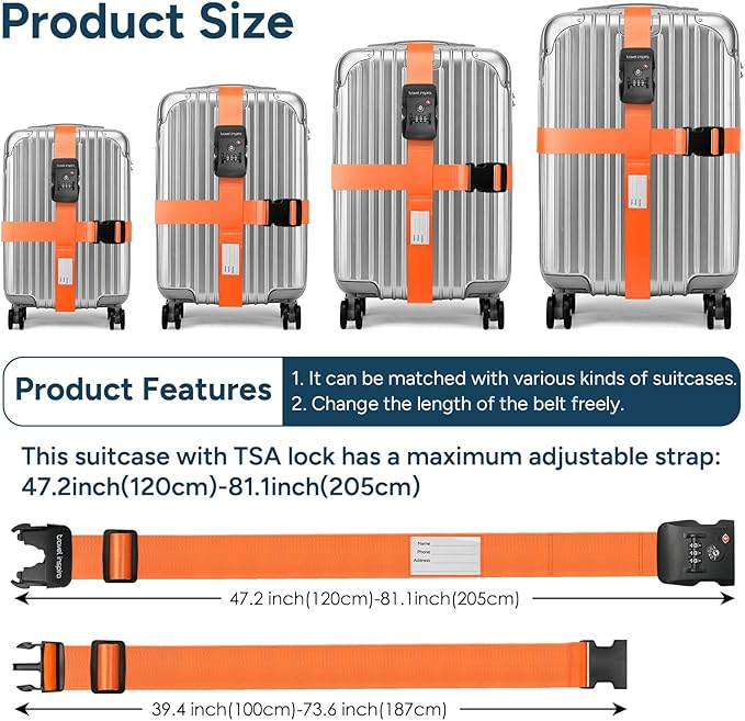 Travel Inspira Luggage Straps with TSA Lock, TSA Approved Suitcase Belt, Heavy Duty Adjustable Cross Design for Added Security, High-Visibility Orange Travel Accessory with ID Tag for 20-32" Bag