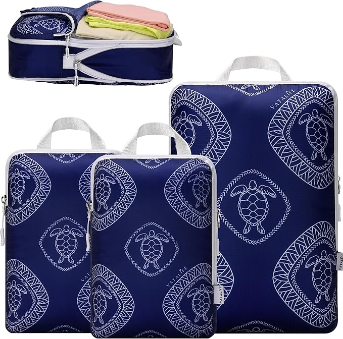 Compression Packing Cubes for Kids & Adults, Compressible Carry On Suit Case Organizer Luggage Kids Packing Cubes for Baby Bag Organizer Pouches for Luggage Blue Turtle 3pc Set
