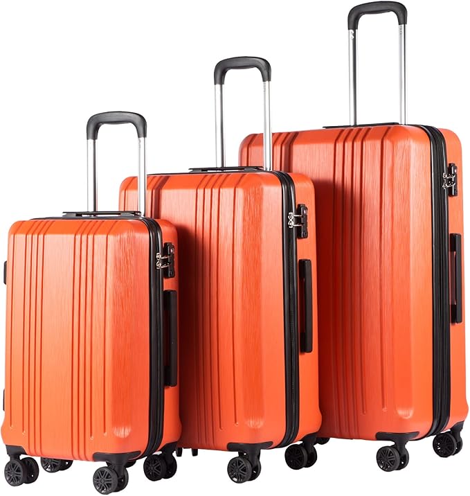 Coolife Luggage 3 Piece Set PC+ABS Hardshell Suitcases with TSA Lock, Spinner Lightweight (orange, 3 piece set)