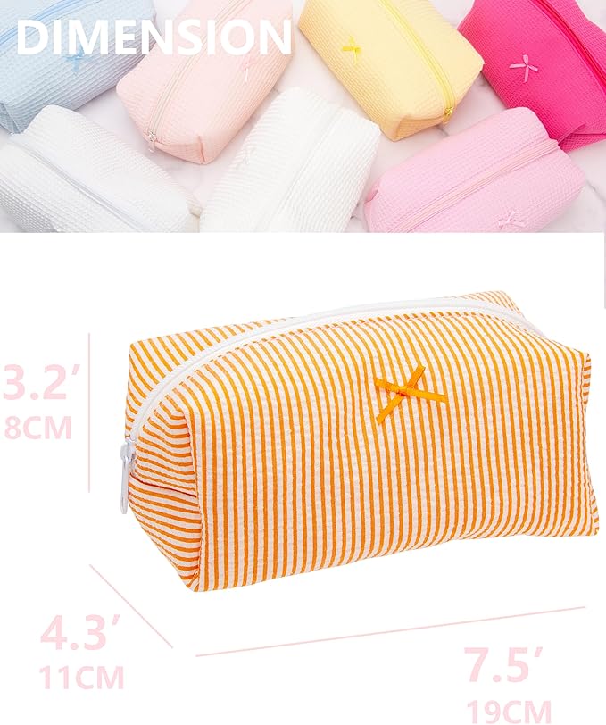 PAZIMIIK 2PCS Cozy Makeup Bag Small Aesthetic Travel Zipper Cosmetic Pouch for Women Make Up Beauty Accessories Brushes, Stripe Orange