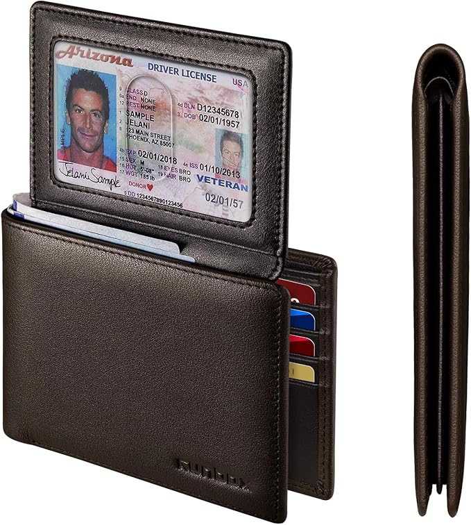 RUNBOX Leather Wallet for Men, Genuine Leather Mens Wallet Bifold Rfid Blocking with 12 Cards and 2 ID Windows, Minimalist Wallet for Men with Gift Box