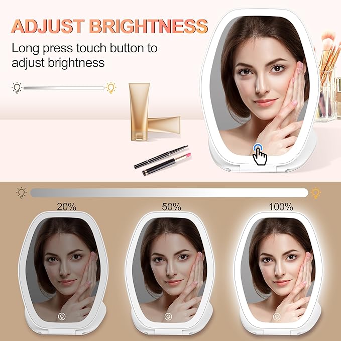 COSYGLOW Travel Makeup Mirror with Light: 3 Color Lighting Portable Mirror with Touch Screen Rechargeable Adjustable LED Lights Hexagon Vanity Mirror for Travel, Desk, Home (White)