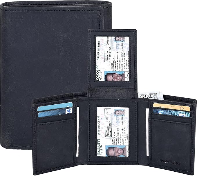 Real Leather Mens Trifold Wallet RFID Blocking Slim Minimalist Front Pocket - Thin & Stylish with ID Window in Gift Box