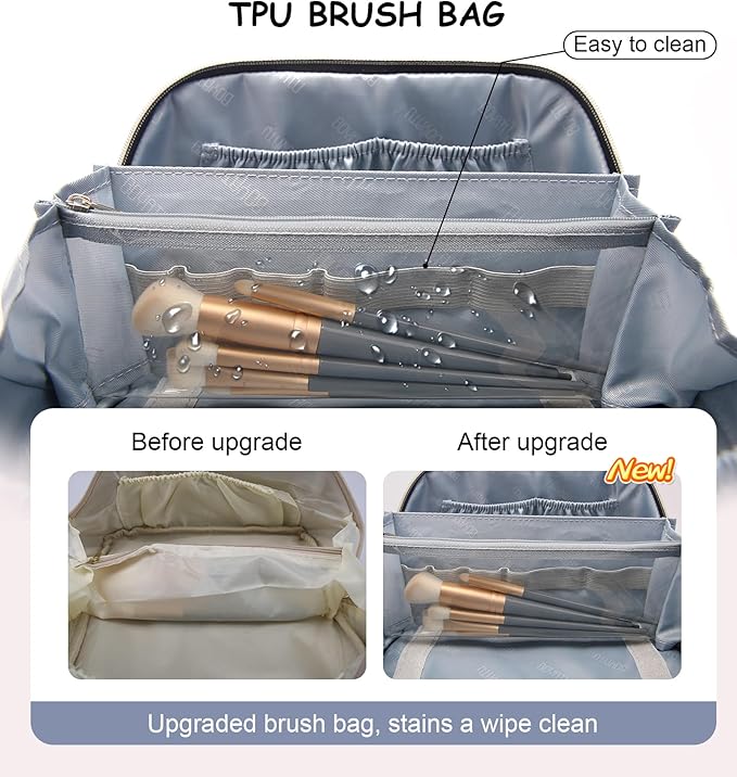 BOYATU Travel Makeup Bags Cosmetic Organizer Bag: 3 Pcs Set Large Capacity Make up Bag with Compartments - Waterproof Leather Toiletry Bags with Handle for Women (B-Light Blue)