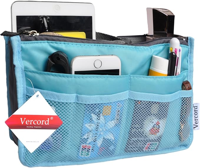 Vercord Purse Organizer Insert for Handbags Bag Organizers Inside Tote Pocketbook Women Nurse Nylon 13 Pockets Blue Large