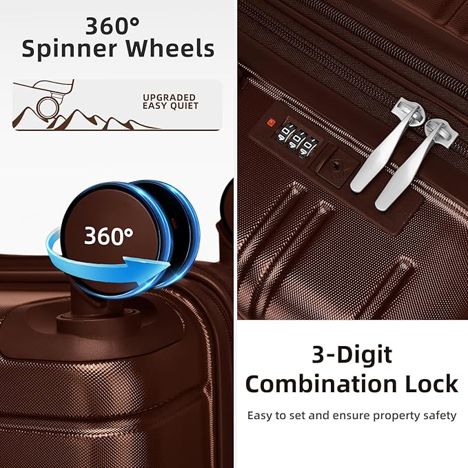 6 Piece Luggage Set Hard Shell - Mocha Expandable Suitcases with Spinner Wheels and Duffel Bags for Family Travel, Durable Carry On Luggage Sets with Lock for Women and Men