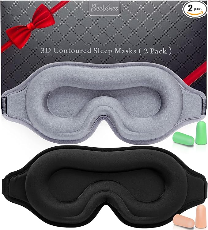 BeeVines Sleep Mask, 2 Pack 3D Contoured Sleeping Eye Masks for Lash Extensions, Night Molded Covers with Adjustable Strap, Eye Shade Cover Lashes Extension for Traveling Yoga Nap(Black & Grey)
