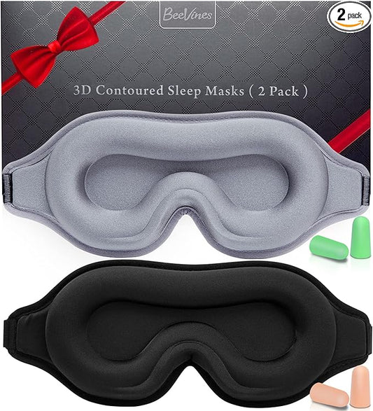 BeeVines Sleep Mask, 2 Pack 3D Contoured Sleeping Eye Masks for Lash Extensions, Night Molded Covers with Adjustable Strap, Eye Shade Cover Lashes Extension for Traveling Yoga Nap(Black & Grey)