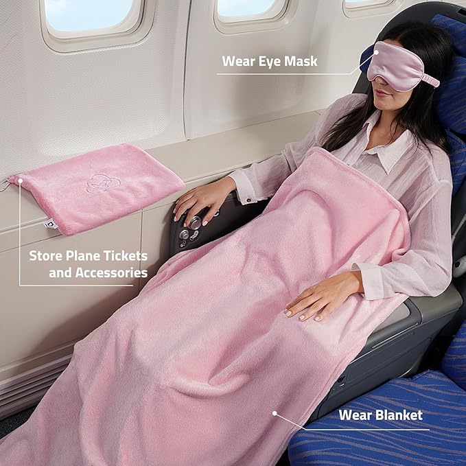 Travel Blanket, Airplane Blanket, Ultra-Soft, Warm & Lightweight, 65x40 in, Outdoor Blanket Essentials for Women, Men & Kids, Included Eye Mask, Luggage Sleeve & Backpack Clip Pink