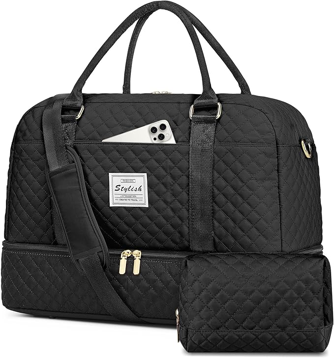 Weekender Bags for Women Travel Bag - Duffle Bag with Shoe Compartment Carry on Overnight Bag for Women Hospital Bags for Labor and Delivery 2Pcs Set Black