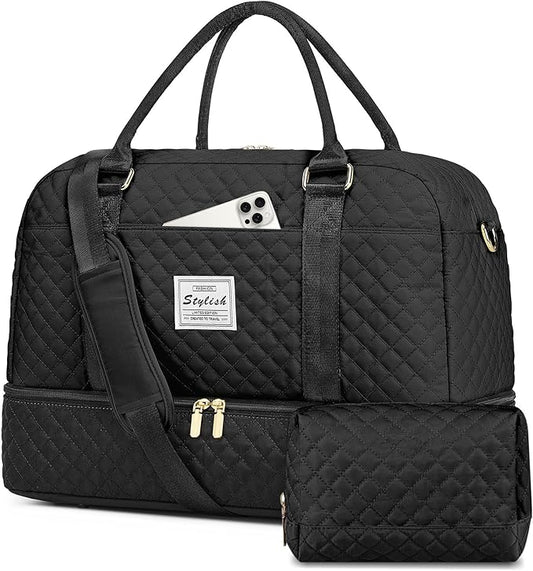 Weekender Bags for Women Travel Bag - Duffle Bag with Shoe Compartment Carry on Overnight Bag for Women Hospital Bags for Labor and Delivery 2Pcs Set Black