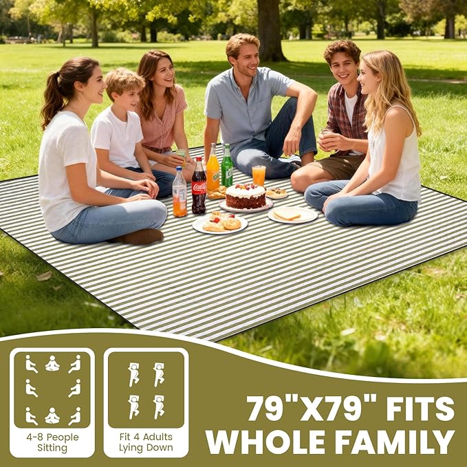 G GOOD GAIN Waterproof Picnic Blanket, 79"x79" Extra Large Beach Mat for 6 to 8 Adults, Machine Washable Outdoor Blanket for Camping, Grass, Park, Camping, Concerts, MiddleGreen