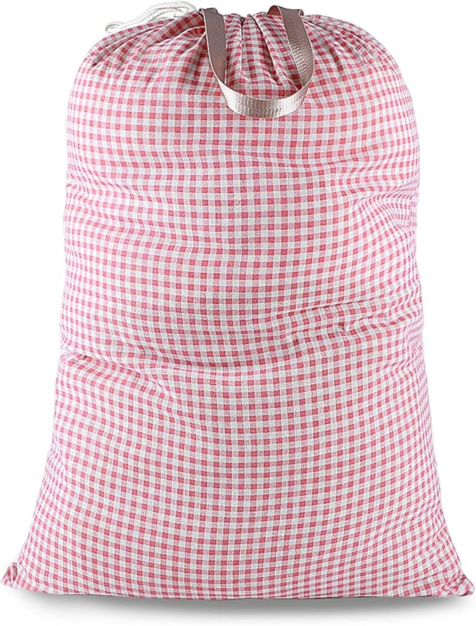 Extra Large Laundry Bag with Drawstring and Handle, Heavy Duty Travel Dirty Clothes Bag for Laundromat and Household, Durable Rip-Stop Laundry Hamper Liner, 28 x 40 Inch, Check Pink