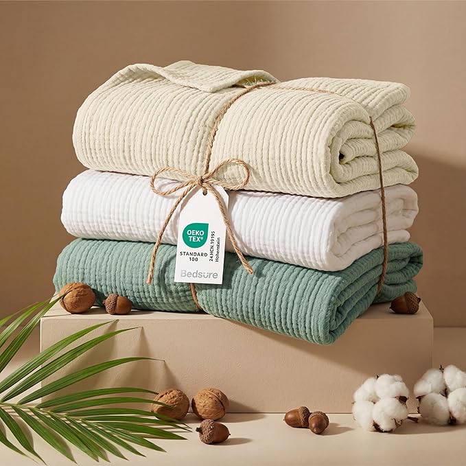 Bedsure 100% Cotton Muslin Throw Blanket Twin XL for Bed - 4-Layer Breathable and Lightweight Thin Soft Summer Gauze Muslin Blankets for Adults, Grey, 66x90 Inches