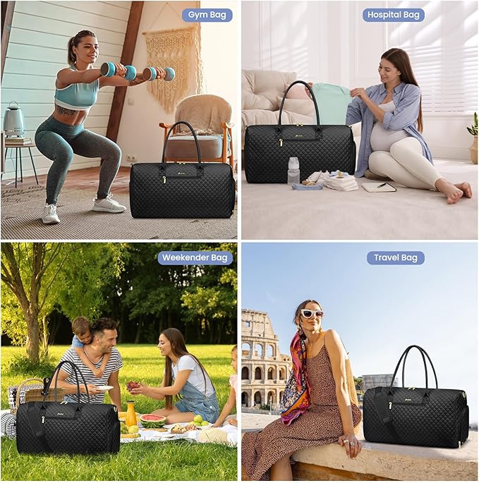 Women Weekender Travel Duffle Bag: Travel Duffel Overnight Bags with Shoe Compartment Large Carry on Tote with Toiletry Bag Weekend Traveling Yoga Gym Hospital Bag for Women with Wet Pocket Black