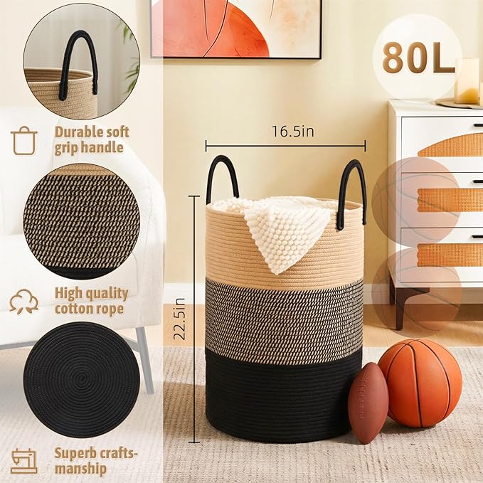 Laundry Basket,Woven Cotton Rope Laundry Hamper,80L for Decorative Storage of Dirty Clothes,Toys and Blankets in Bathroom,Bedroom and Living Room